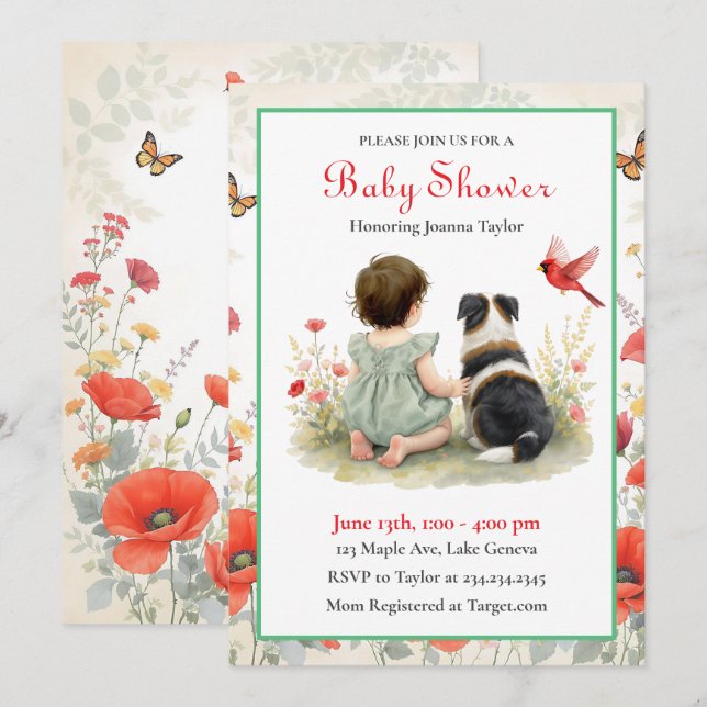 A Baby Girl and her Puppy Baby Shower Invitation Einladung (Vorne/Hinten)