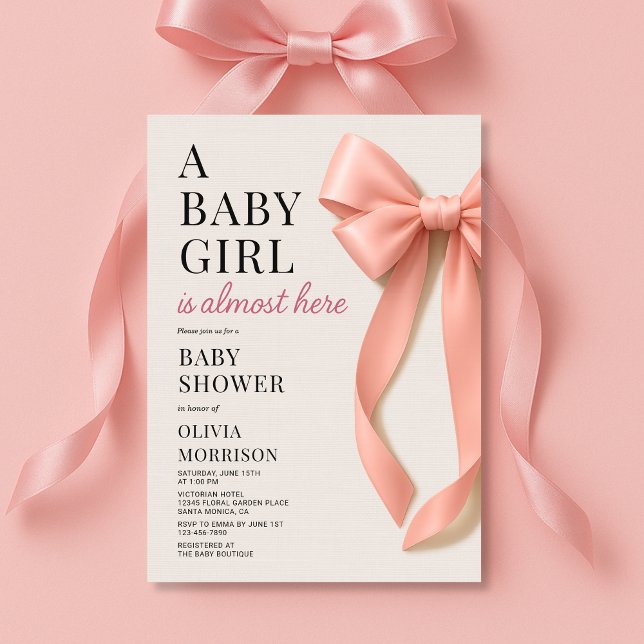 A Baby Girl is Almost Here Pink Bow Baby Shower Einladung (Von Creator hochgeladen)