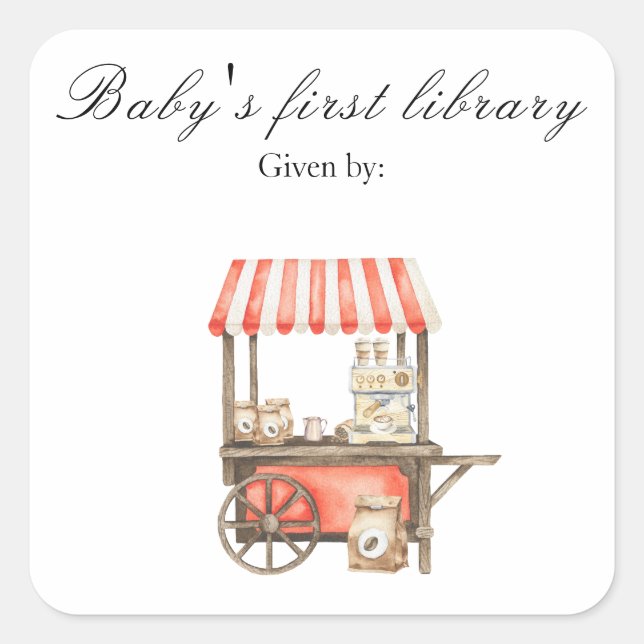 A baby is brewing coffee - baby's first library quadratischer aufkleber (Vorderseite)
