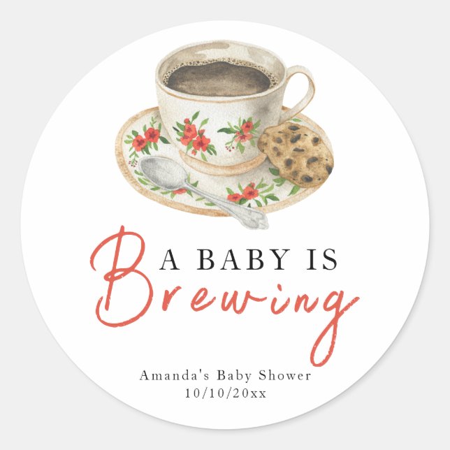 A Baby Is Brewing Coffee Cup Baby Shower Runder Aufkleber (Vorderseite)