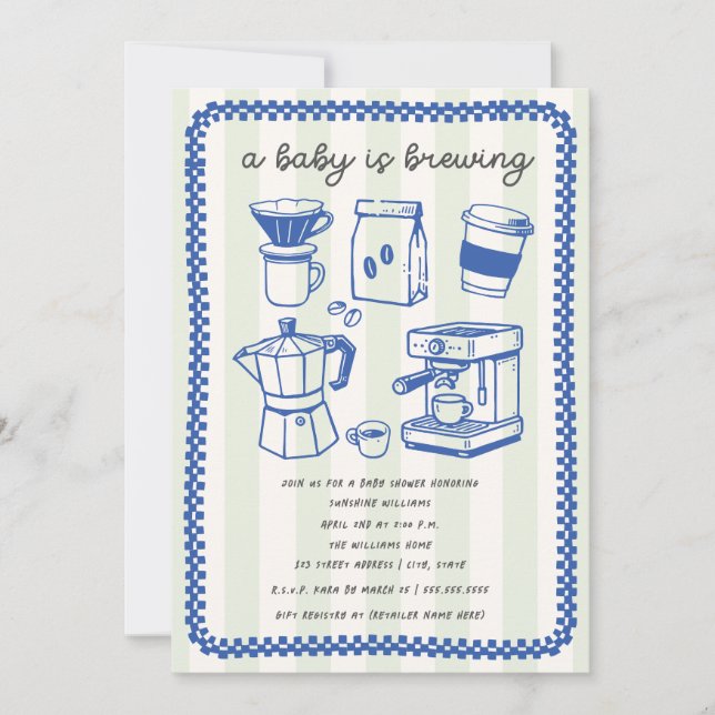 A Baby Is Brewing Doodle Boy Blue Baby Shower Einladung (Vorderseite)