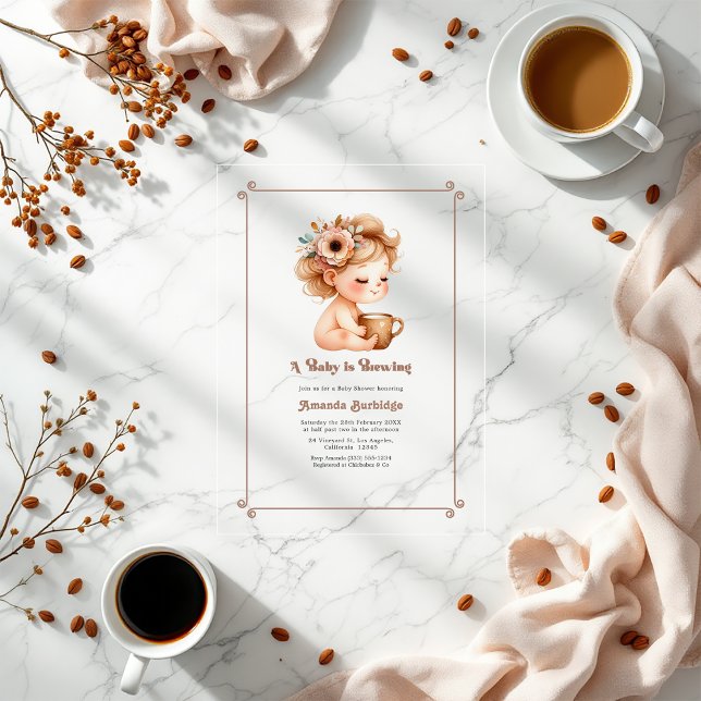 "A Baby is Brewing" Mocha Mousse Baby Dusche Acryleinladungen ("A Baby is Brewing" Mocha Mousse Baby Shower Acrylic Invitations)