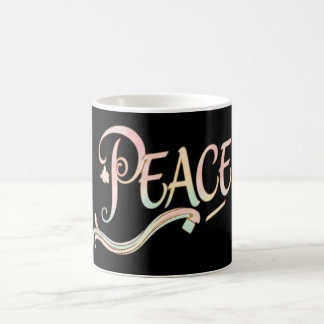 A beautiful, flowing script of the word "Peace" fe Kaffeetasse
