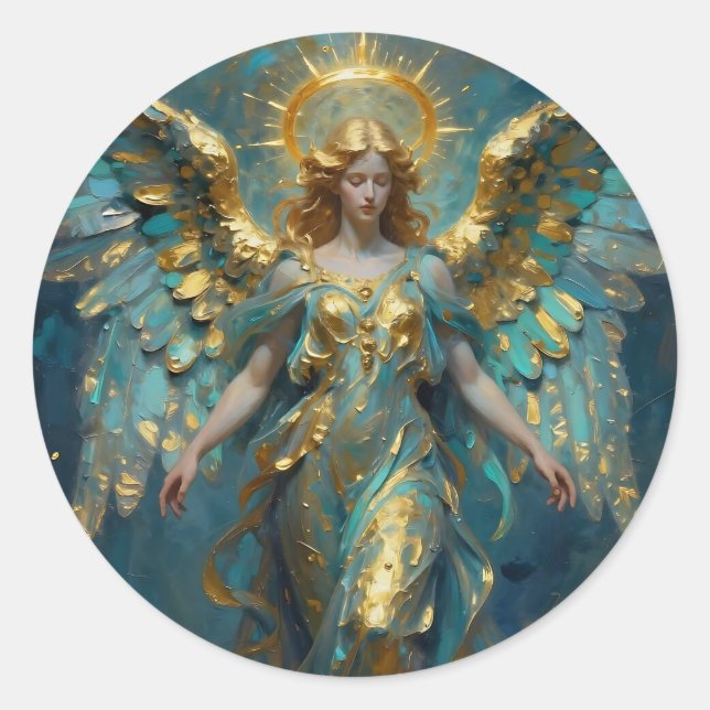A Beautiful Gold and Turquoise Angel Runder Aufkleber (Vorderseite)