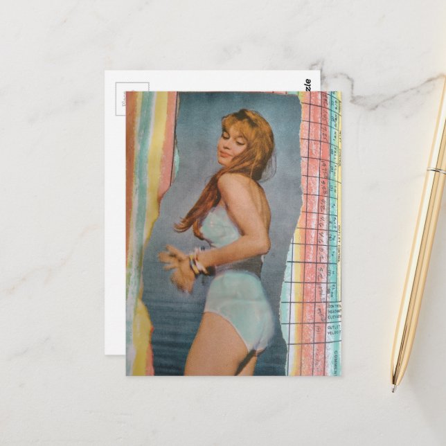 A Beautiful Woman in 1957 on the beach collage Postkarte (Vorderseite/Rückseite Beispiel)