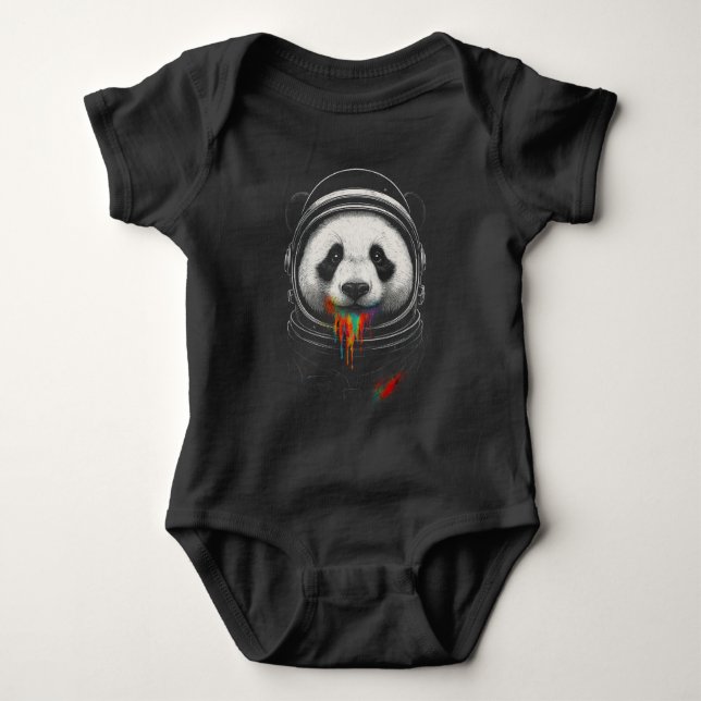 A black and white panda bear wearing a space suit baby strampler (Vorderseite)