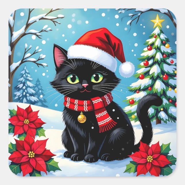 A Black Festive Cat with a Christmas Background Quadratischer Aufkleber (Vorderseite)