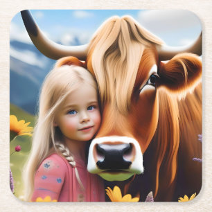 **"A Bond of the Highlands: A Child and her Cow"** Rechteckiger Pappuntersetzer