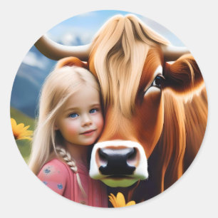 **"A Bond of the Highlands: A Child and her Cow"** Runder Aufkleber