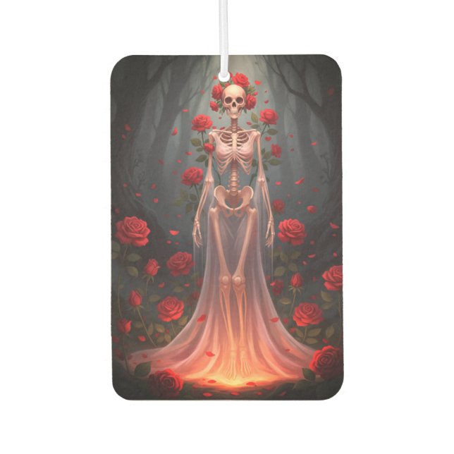 A bony girl wears a wedding dress in a forest.  autolufterfrischer (Vorderseite)