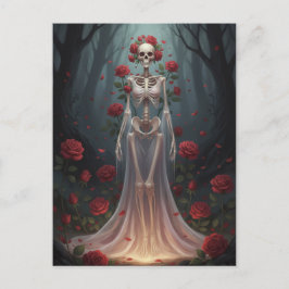 A bony girl wears a wedding dress in a forest.  postkarte