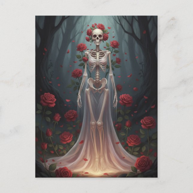 A bony girl wears a wedding dress in a forest.  postkarte (Vorderseite)