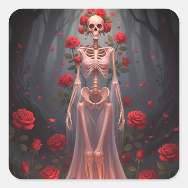 A bony girl wears a wedding dress in a forest.  quadratischer aufkleber (Vorderseite)