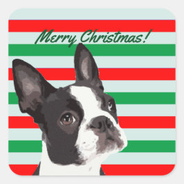 A Boston Terrier Frohe Weihnachten Quadratischer Aufkleber