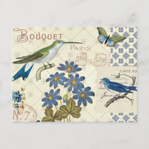 A Bouquet of Blue Flowers, Birds and Butterflies Postkarte