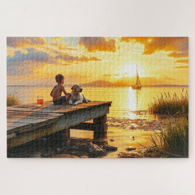 A boy and his dog at the lake at sunset puzzle (Horizontal)