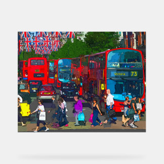 A busy Oxford Street with shoppers and red buses.  Acrylschild