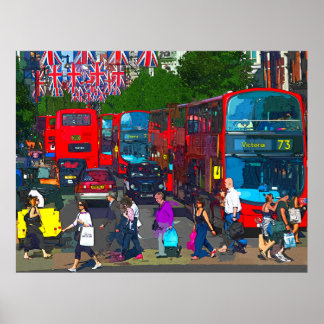 A busy Oxford Street with shoppers and red buses.  Poster