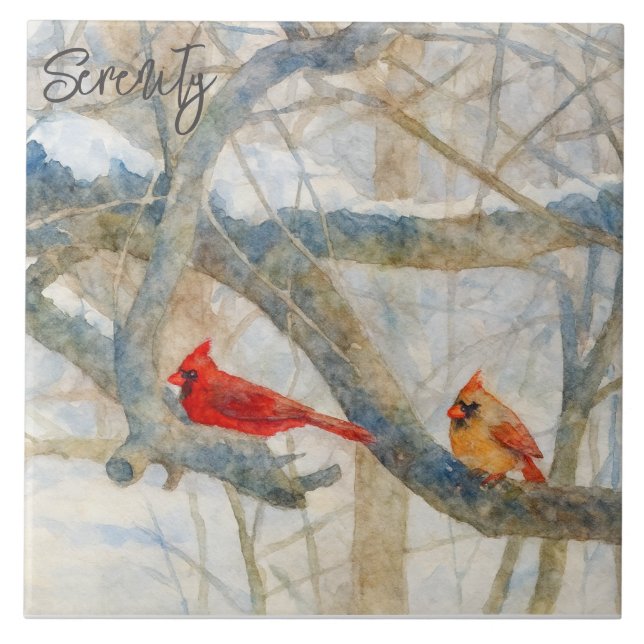 A Cardinal Couple Perched in the Snow Fliese (Vorderseite)