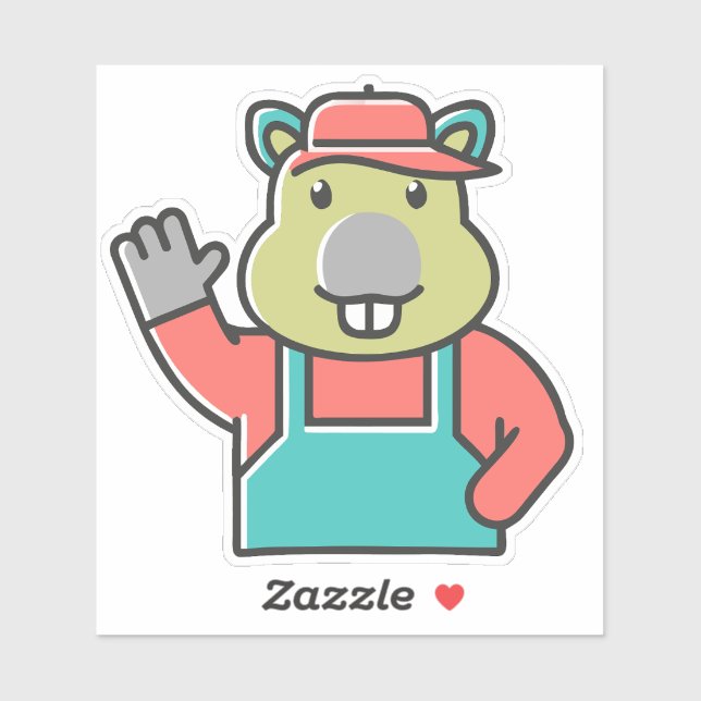 A Cartoon Funny Red Beaver Waves Left Hand. Aufkleber (Blatt)
