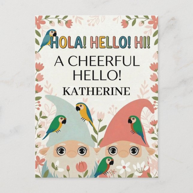 "A Cheerful Hello" Multilingual Gnome Greeting Postkarte (Vorderseite)