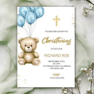 A christening Invitation features a teddy bear Einladung