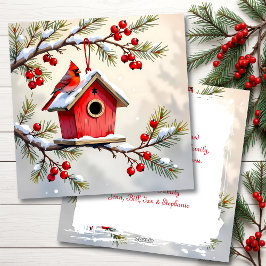 A Christmas Cardinal on a Birdhouse Personalized Feiertagskarte