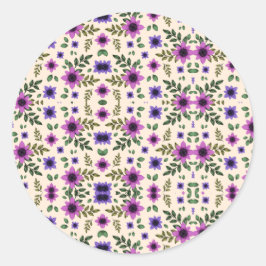 A circular floral pattern features purple and pink runder aufkleber