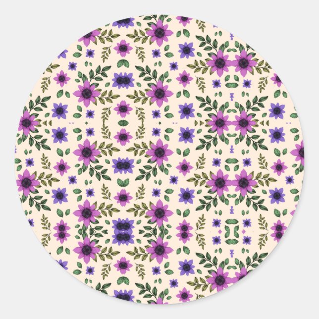 A circular floral pattern features purple and pink runder aufkleber (Vorderseite)