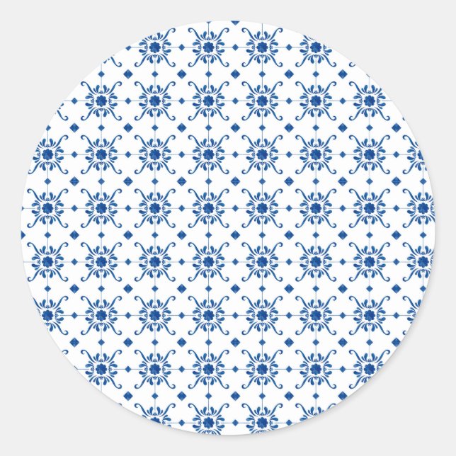 A circular sticker features a repeating blue  (Vorderseite)
