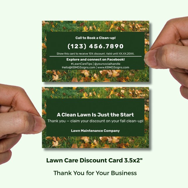 A Clean Lawn Is Just the Start Thank You  Rabattkarte (A Clean Lawn Is Just the Start Thank You Discount Card; Size: 3.5x2 Inch, Green White Branding)