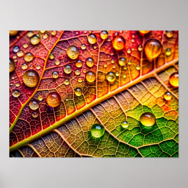 A close-up of a vibrant, textured leaf poster (Vorne)