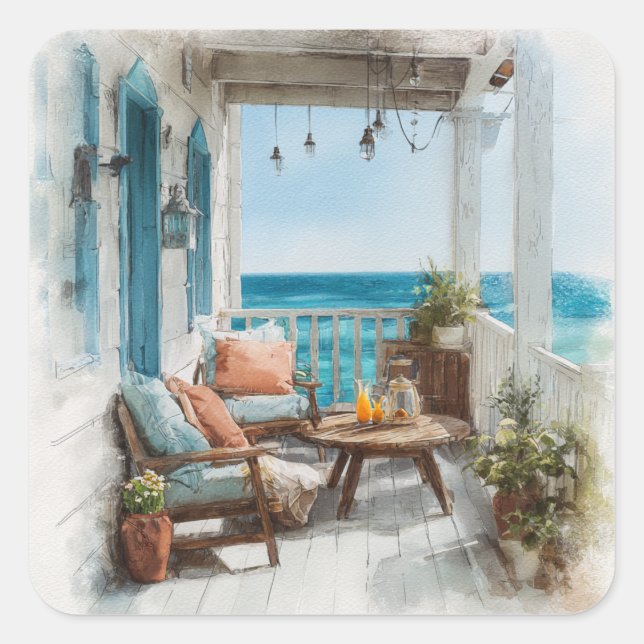 A Cosy Seaside Balcony Quadratischer Aufkleber (Vorderseite)