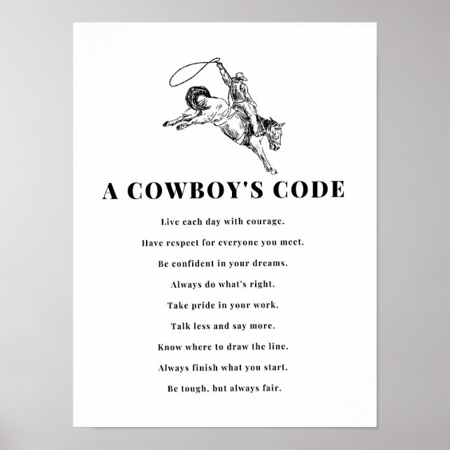 A Cowboy's Code Print, Black and White, Wild West Poster (Vorne)