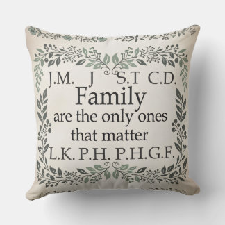 A cozy farmhouse-style family name chart cushion kissen
