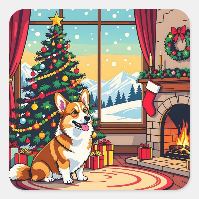 A Cute Festive Corgi Christmas Quadratischer Aufkleber (Vorderseite)