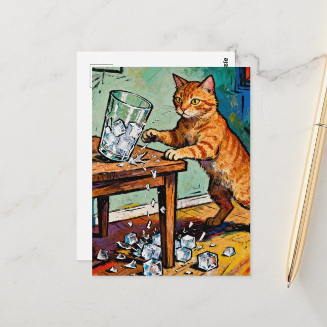 A cute ginger cat knocks over a glass of ice postkarte (Vorderseite/Rückseite Beispiel)