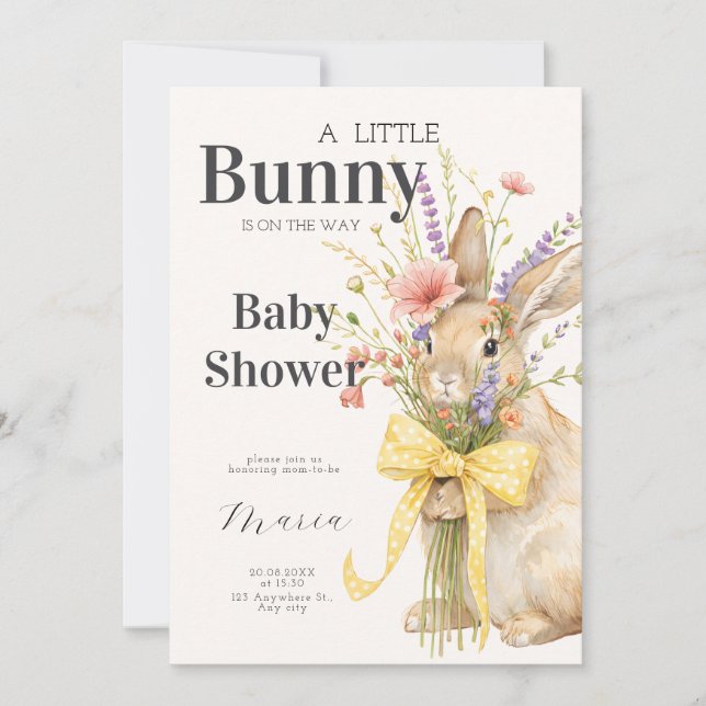 A cute little Floral Bunny Yellow Bow Baby Shower  Einladung (Vorderseite)