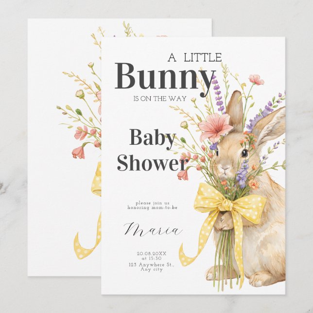A cute little Floral Bunny Yellow Bow Baby Shower  Einladung (Vorne/Hinten)