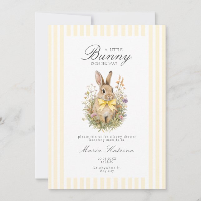 A cute little Floral Bunny Yellow Bow Baby Shower  Einladung (Vorderseite)