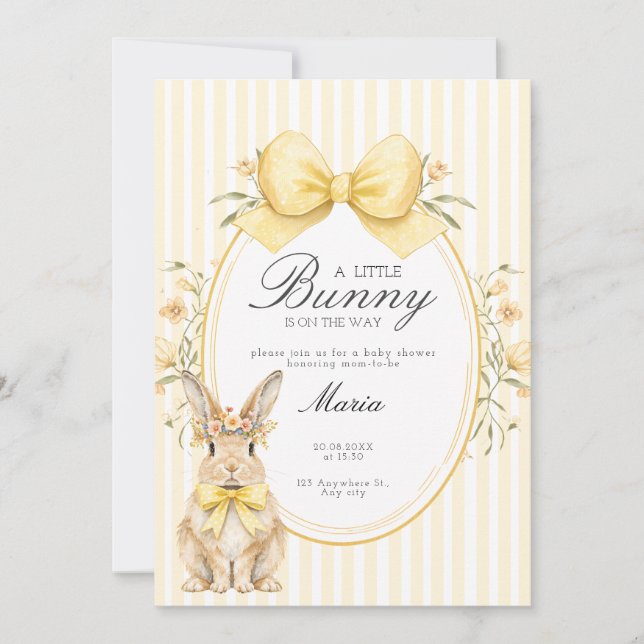 A cute little Floral Bunny Yellow Bow Baby Shower  Einladung (Vorderseite)
