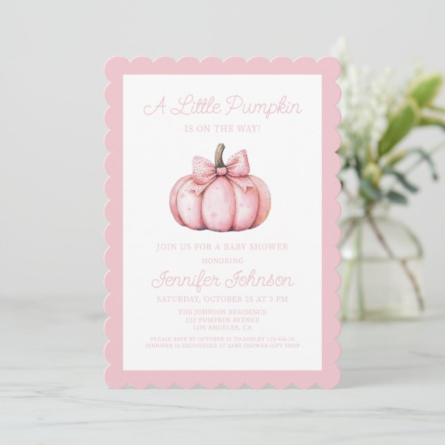 A Cute Little Pink Pumpkin Baby Shower Einladung (Stehend Vorderseite)