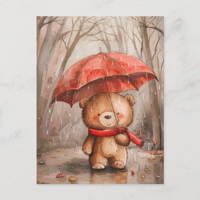 A Cute Teddy Bear in The Rain Postkarte (Vorderseite)