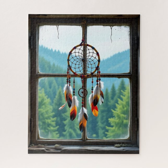 A Dreamcatcher in a Window overlooking Mountains Puzzle (Vertikal)