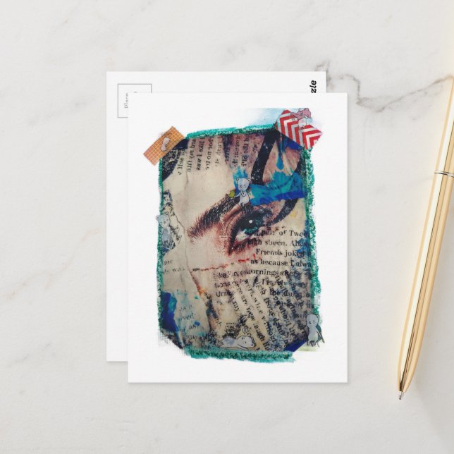 A face and words abstract mixed media collage postkarte (Vorderseite/Rückseite Beispiel)