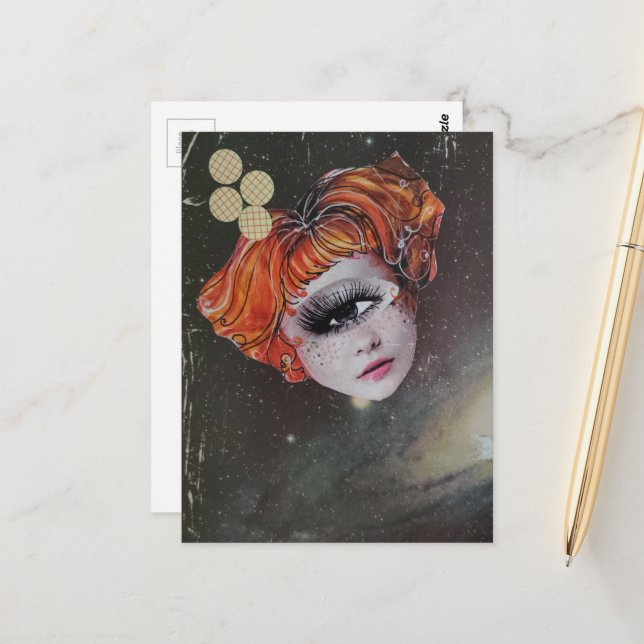 A face with single eye space mixed media collage postkarte (Vorderseite/Rückseite Beispiel)