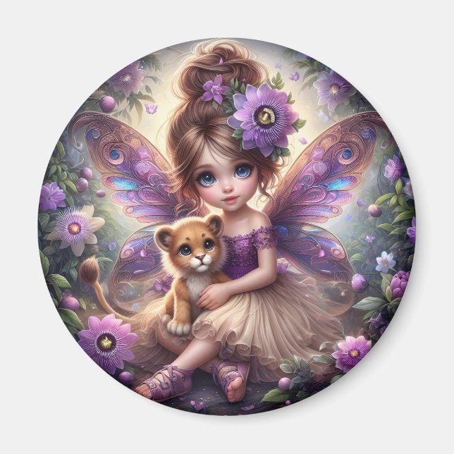 A Fairy und ihr Lion Cub - Lila Magnet (Vorne)