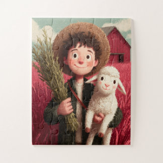 A farm boy with his sheep friend by his side. puzzle