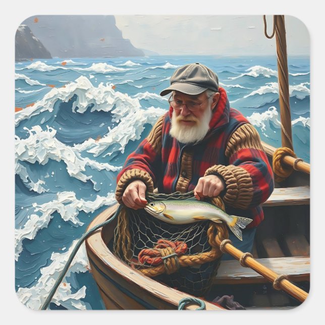 A Fisherman on a Boat in the Ocean Quadratischer Aufkleber (Vorderseite)