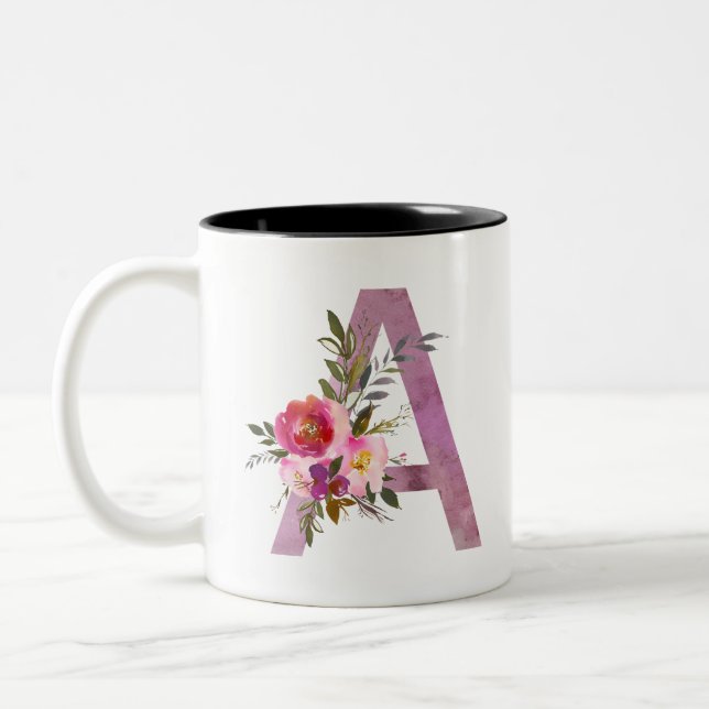 A, Floral Monogramm initial, Aquarellfarben-Blume Zweifarbige Tasse (Links)